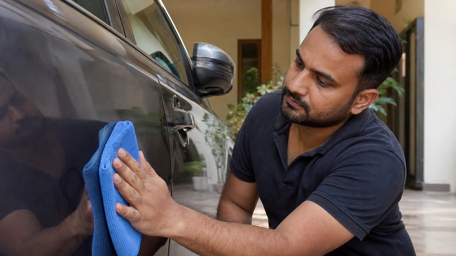 Car owner wiping a car panel with microfiber cloth